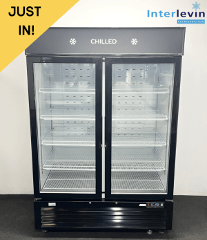 Hardly Used Interlevin 1390mm Upright Double Glass Fronted Display Fridge, On Wheels
