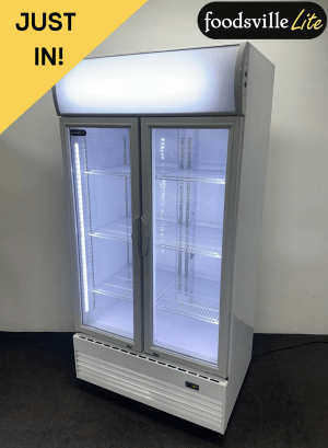 Used Foodsville Lite 1000mm Upright Double Glass Fronted Display Fridge, On Wheels