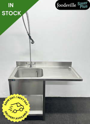 NEW Foodsville Saver Plus 1200mm Stainless Steel Single Bowl Dishwasher Sink With Undershelf & Shower Spray Tap - Right Hand Drainer