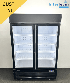 Never Used Interlevin 1390mm Upright Double Glass Fronted Display Fridge, On Wheels