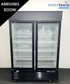 Never Used Interlevin 1390mm Upright Double Glass Fronted Display Fridge, On Wheels