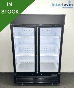 Never Used Interlevin 1390mm Upright Double Glass Fronted Display Fridge, On Wheels