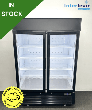 Never Used Interlevin 1390mm Upright Double Glass Fronted Display Fridge, On Wheels