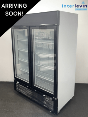 Used Interlevin 1390mm Upright Double Glass Fronted Display Freezer, On Wheels