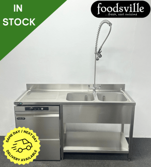 NEW Foodsville 500mm Basket Stainless Steel Undercounter Dishwasher With Drain Pump & Double Dishwasher Sink With Shower Spray - Single Phase Electric