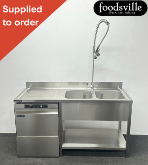 NEW Foodsville 500mm Basket Stainless Steel Undercounter Dishwasher With Drain Pump & Double Dishwasher Sink With Shower Spray - Single Phase Electric