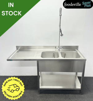 NEW Foodsville Saver Plus 1600mm Stainless Steel Double Bowl Dishwasher Sink, With Undershelf & Shower Spray Tap – Left Hand Drainer