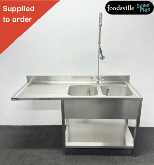 NEW Foodsville Saver Plus 1600mm Stainless Steel Double Bowl Dishwasher Sink, With Undershelf & Shower Spray Tap – Left Hand Drainer