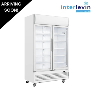 Used Interlevin 1390mm Upright Double Glass Fronted Display Fridge, On Wheels