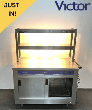 Used Victor 1285mm Hot Cupboard With New Double Heated Overgantry, On Wheels - 13 Amp Plug In & Go!