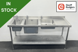 Used 1700mm Stainless Steel Triple Bowl Sink, With Undershelf - Right Hand Drainer. Includes Taps!