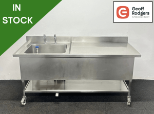 Used 1800mm Stainless Steel Single Bowl Sink With Undershelf, On Wheels - Right Hand Drainer. Includes Taps!