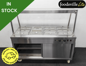 Hardly Used Foodsville Lite 4 x 1/1 GN Wet Well Glass-Fronted Bain Marie & Hot Cupboard With Heated Overgantry, On Wheels – Includes G/N Containers!