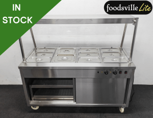 Hardly Used Foodsville Lite 4 x 1/1 GN Wet Well Glass-Fronted Bain Marie & Hot Cupboard With Heated Overgantry, On Wheels – Includes G/N Containers!