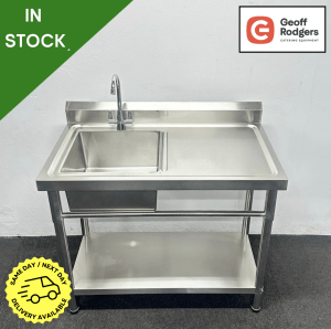Never Used 1000mm Stainless Steel Single Bowl Sink, With Undershelf - Right Hand Drainer. Includes Taps!