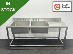 Used 1880mm Stainless Steel Double Bowl Sink - Right Hand Drainer. Includes Taps!
