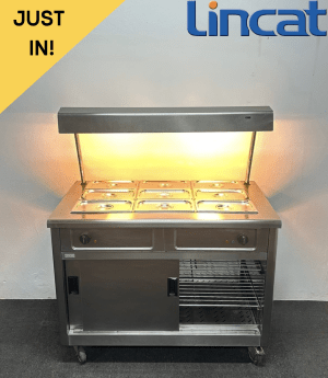Used Lincat 3 x 1/1 GN Wet Well Bain Marie & Hot Cupboard With Heated Overgantry, On Wheels - Includes G/N Containers!