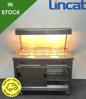 Used Lincat 3 x 1/1 GN Wet Well Bain Marie & Hot Cupboard With Heated Overgantry, On Wheels - Includes G/N Containers!