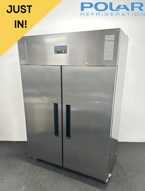 Used Polar G-Series 1200L Upright Stainless Steel Double Door Fridge, On Wheels