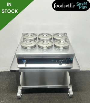 Hardly Used Foodsville Saver Plus 6 Pot Bain Marie With Drain Tap, On NEW Mobile Stand - 13 Amp Plug In & Go!