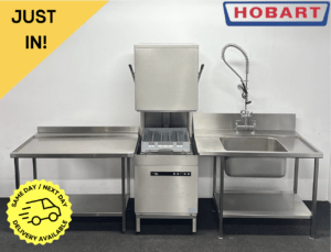Used Hobart Ecomax Pass Through Dishwasher With Entry Shower Spray Sink & Exit Table – 3 Phase Electric