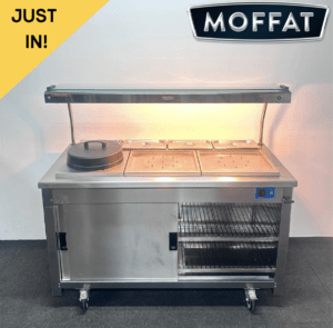 Used Moffat 1485mm 2 x 1/1 GN Carvery Bain Marie & Hot Cupboard With Plate Warmer & Heated Overgantry, On Wheels - 13 Amp Plug In & Go!
