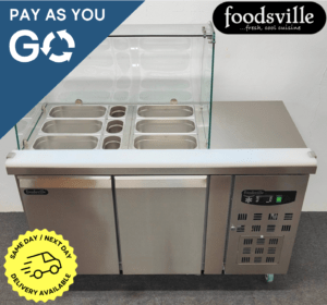 Pay As You Go: New Foodsville 1360mm Heavy Duty 2 Door Refrigerated Glass Saladette Display, On Wheels – Includes G/N Containers!