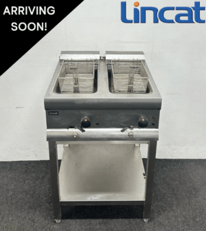 Used Lincat 2 x 9 Litre Twin Pan Twin Basket Fryer, On Stand With Undershelf - 13 Amp Plug In & Go!