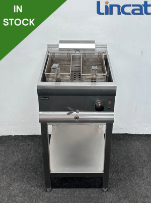 Used Lincat 2 x 9 Litre Twin Pan Twin Basket Fryer, On Stand With Undershelf - 3 Phase Electric