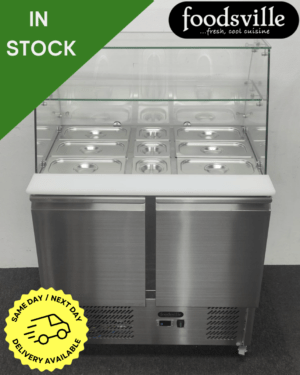 NEW Foodsville 900mm 2 Door Curved Glass Prep Display Counter Fridge, On Wheels - Includes Gastronorm Containers!