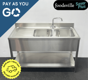 Pay As You Go: New Foodsville Saver Plus 1400mm Stainless Steel Double Bowl Sink With Undershelf – Left Hand Drainer. Includes Taps!