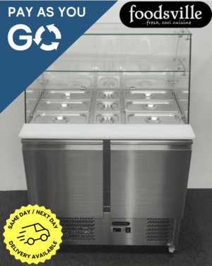 Pay As You Go: New Foodsville 900mm Refrigerated 2 Door Curved Glass Prep Display Counter, On Wheels – Includes Gastronorm Containers!