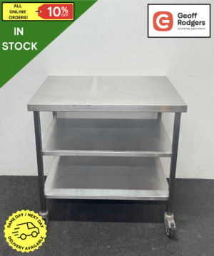 Used 900mm Stainless Steel Centre Table With Double Undershelf, On Wheels