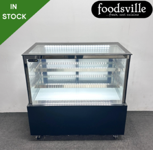 Never Used Foodsville 1200mm Illuminated Square Glass Refrigerated Showcase Display On Wheels - Black (Ex-Demo Model)