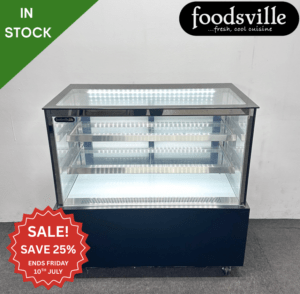 Never Used Foodsville 1200mm Illuminated Square Glass Refrigerated Showcase Display On Wheels - Black (Ex-Demo Model)