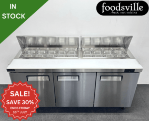 NEW Foodsville 1850mm 3 Door Pizza / Salad Prep Fridge, On Wheels - Includes G/N Containers!