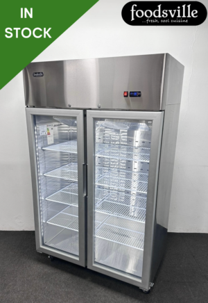NEW Foodsville 1200mm Upright Double Glass Fronted Display Fridge, On Wheels