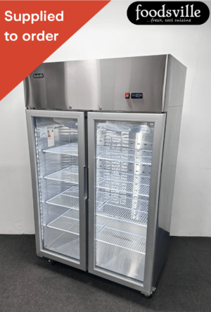 NEW Foodsville 1200mm Upright Double Glass Fronted Display Fridge, On Wheels