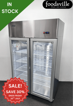 NEW Foodsville 1200mm Upright Double Glass Fronted Display Fridge, On Wheels