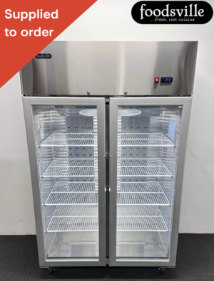 NEW Foodsville 1200mm Upright Double Glass Fronted Display Freezer, On Wheels