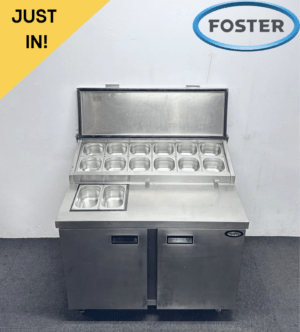 Used Foster 1140mm 2 Door Prep Counter Fridge, On Wheels - Includes G/N Containers!