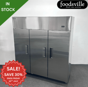 NEW Foodsville 1800mm Stainless Steel Upright Triple Door Fridge, On Wheels