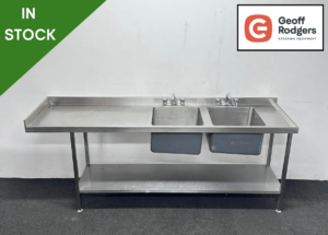 Used 2290mm Stainless Steel Double Bowl Sink With Undershelf - Left Hand Drainer. Includes Taps!