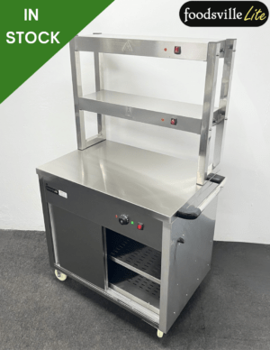 Hardly Used Foodsville Lite 900mm Stainless Steel Double Shelved Hot Cupboard With Double Heated Overgantry, On Wheels (Used For Three Weeks!)