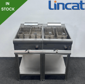 Used Lincat Twin Pan Four Basket Fryer, On Stand With Undershelf - 2 x 3 Phase Electric