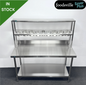 NEW Foodsville Saver Plus 1500mm Stainless Steel Wall Table With Undershelf & Garnish Rail – Includes G/N Containers & Lids!